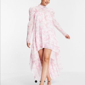 ASOS High Neck Frill and High-Low Hem White and Pink Floral Dress